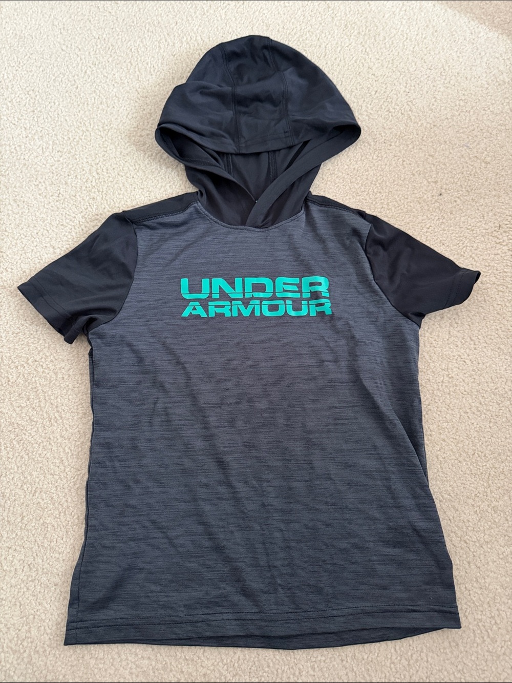 Under Armour Black Hooded Short Sleeve Tee with Teal Logo